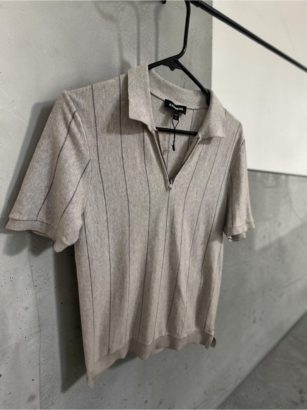 Express Light Gray Zip Polo Sweater with Subtle Stripes
